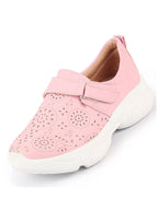 Shop Women Pink Laser Cut Design Stitched Back Open Hook & Loop Buckle Mules Shoes Online.