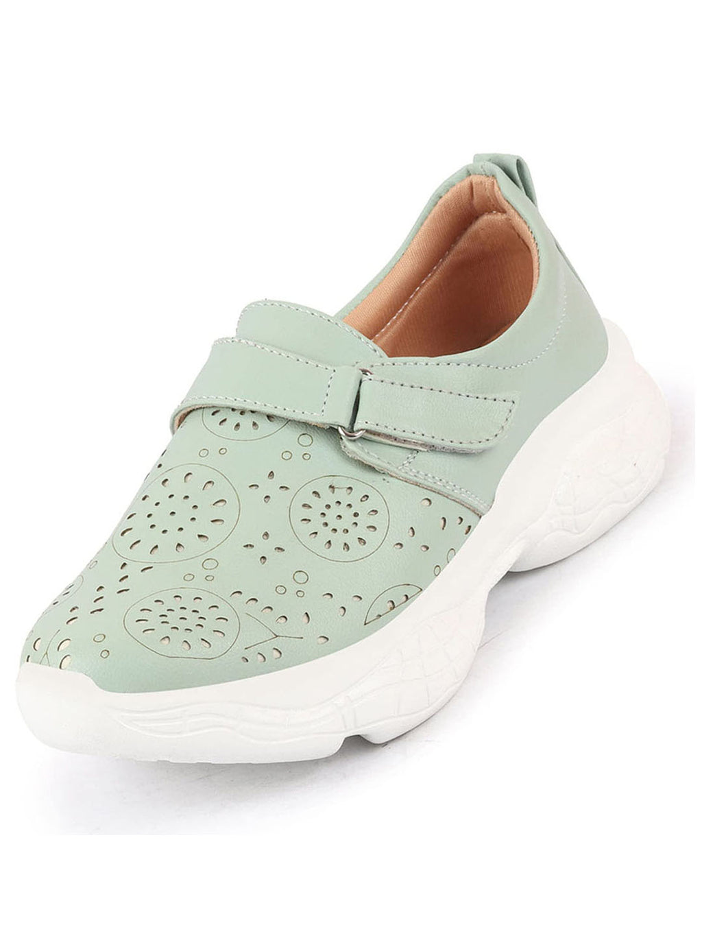 Shop Women Pista Green Laser Cut Design Stitched Back Open Hook & Loop Buckle Mules Shoes Online.