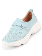 Shop Women Sky Blue Laser Cut Design Stitched Back Open Hook & Loop Buckle Mules Shoes Online.