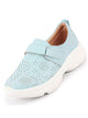 Women Sky Blue Laser Cut Design Stitched Back Open Hook & Loop Buckle Mules Shoes