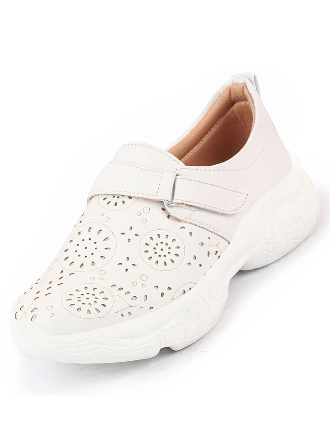 Shop Women White Laser Cut Design Stitched Back Open Hook & Loop Buckle Mules Shoes Online.