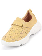 Shop Women Yellow Laser Cut Design Stitched Back Open Hook & Loop Buckle Mules Shoes Online.
