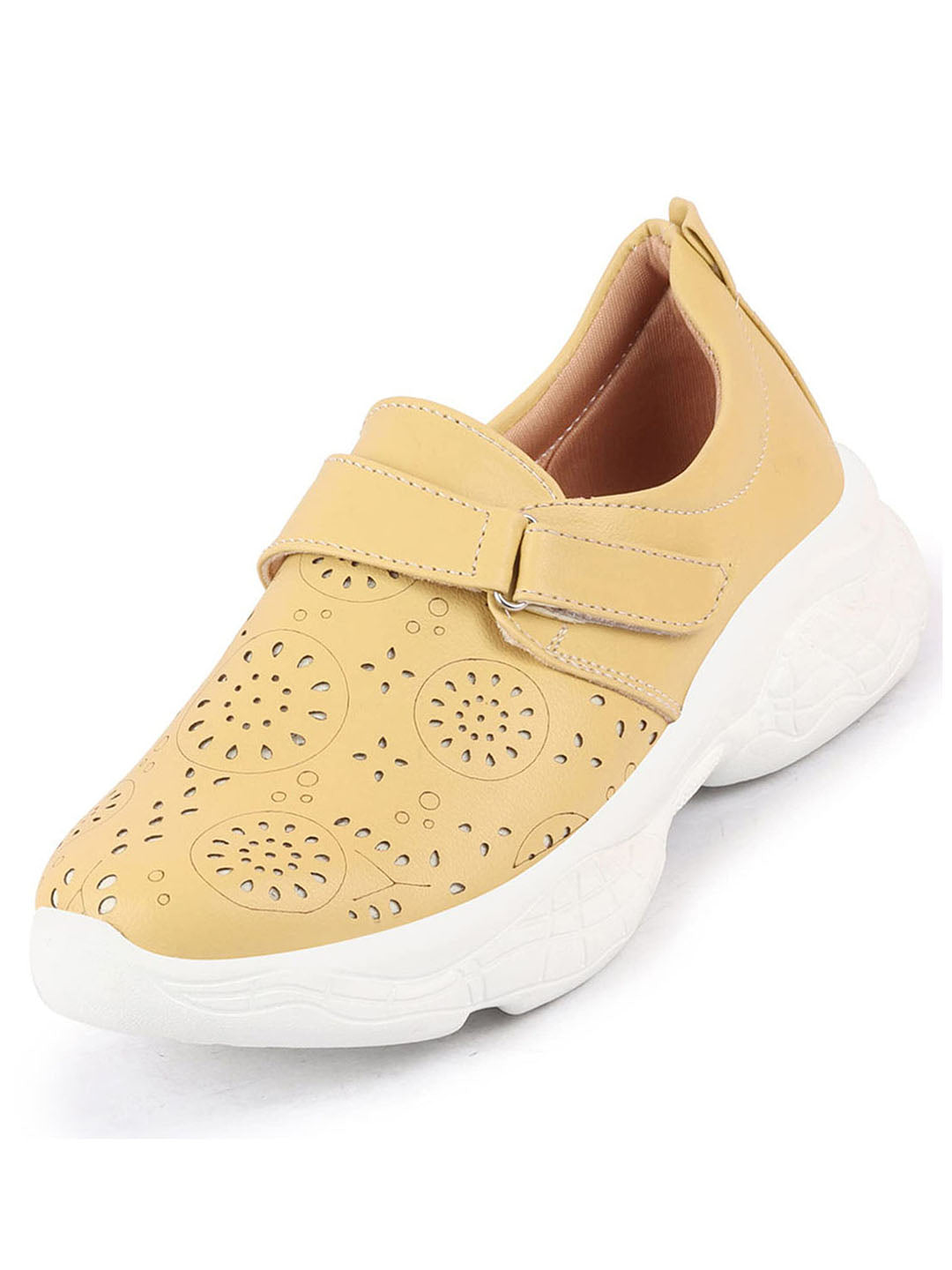 Shop Women Yellow Laser Cut Design Stitched Back Open Hook & Loop Buckle Mules Shoes Online.