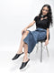 Women Black Back Open Classic Design Slip On Mules Shoes