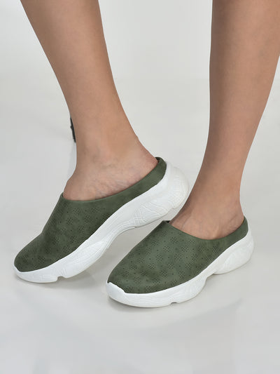 Women Olive Back Open Classic Design Slip On Mules Shoes