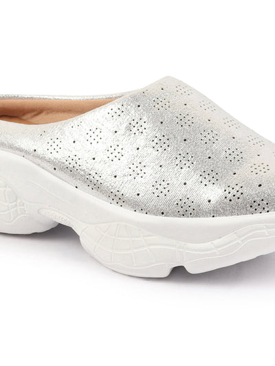 Shop Women Silver Back Open Classic Design Slip On Mules Shoes Online.