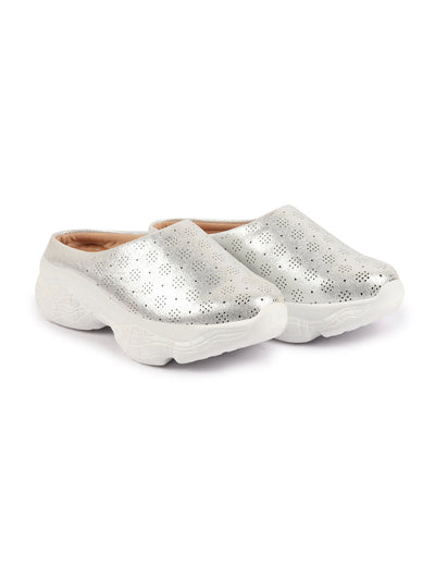 Shop Women Silver Back Open Classic Design Slip On Mules Shoes Online.