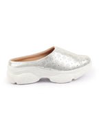 Shop Women Silver Back Open Classic Design Slip On Mules Shoes Online.