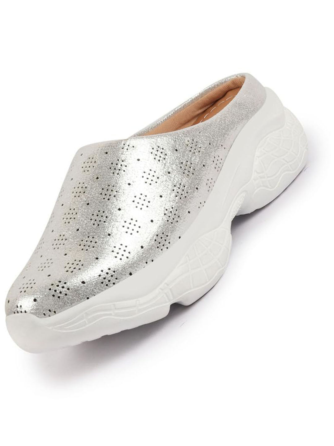 Shop Women Silver Back Open Classic Design Slip On Mules Shoes Online.