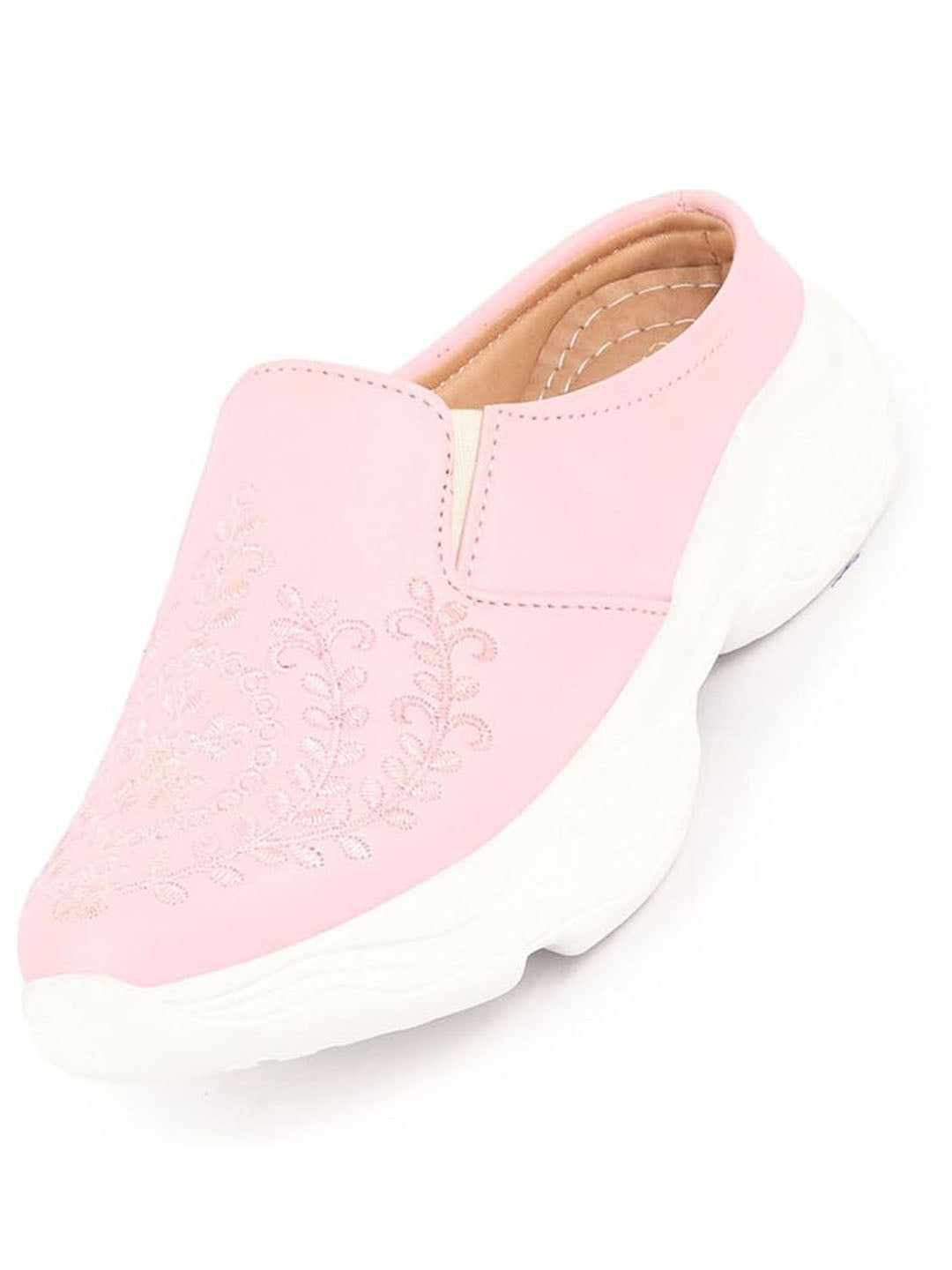 Shop Women Pink Floral and Leaf Print Embroidery Design Back Open Slip On Mules Shoes Online.