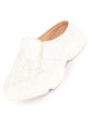 Women White Floral and Leaf Print Embroidery Design Back Open Slip On Mules Shoes