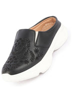 Shop Women Black Floral Print Embroidery Design Back Open Slip On Mules Shoes Online.