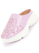 Women Purple Floral Print Embroidery Design Back Open Slip On Mules Shoes