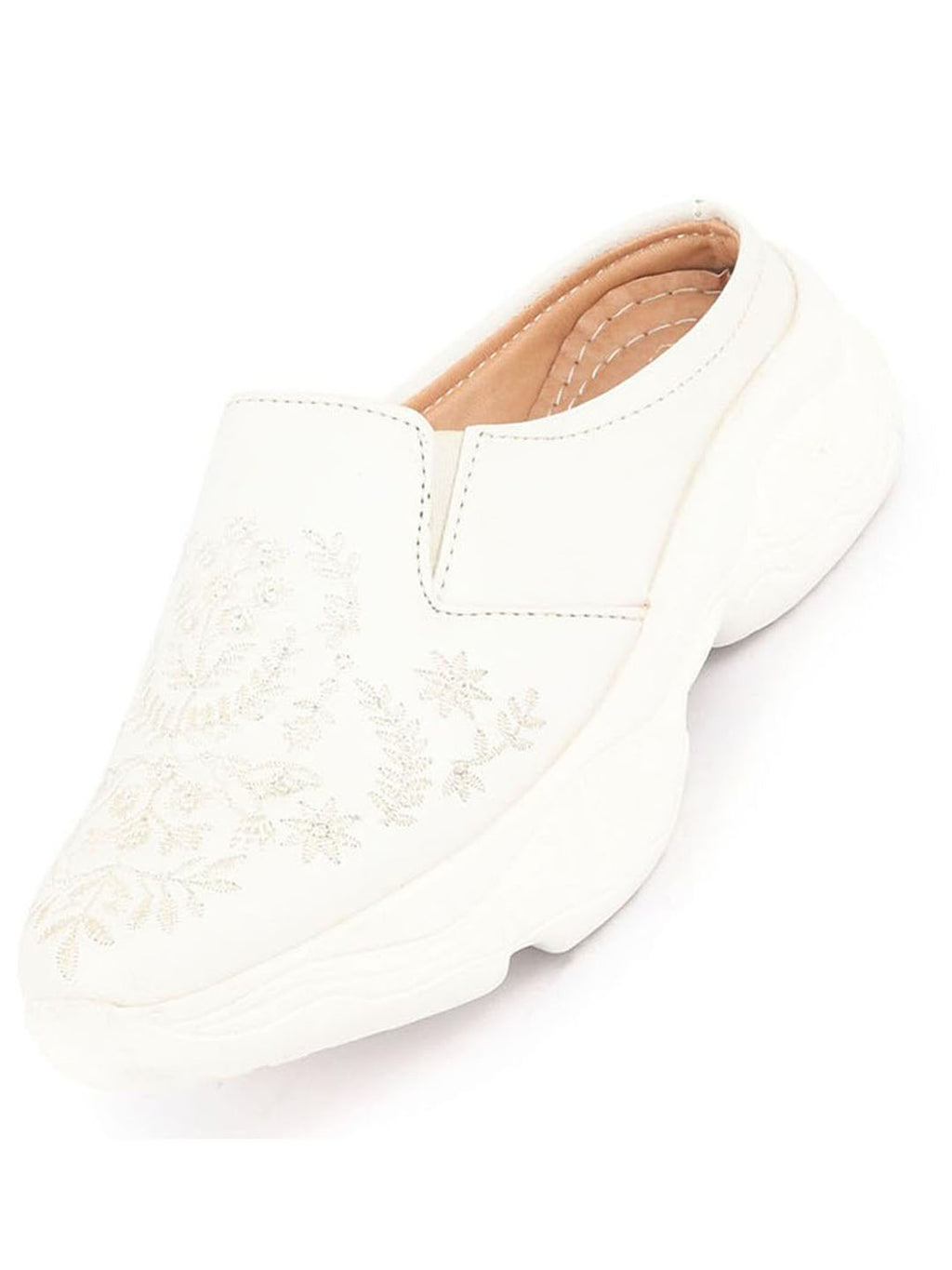 Shop Women White Floral Print Embroidery Design Back Open Slip On Mules Shoes Online.