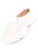 Women White Floral Print Embroidery Design Back Open Slip On Mules Shoes