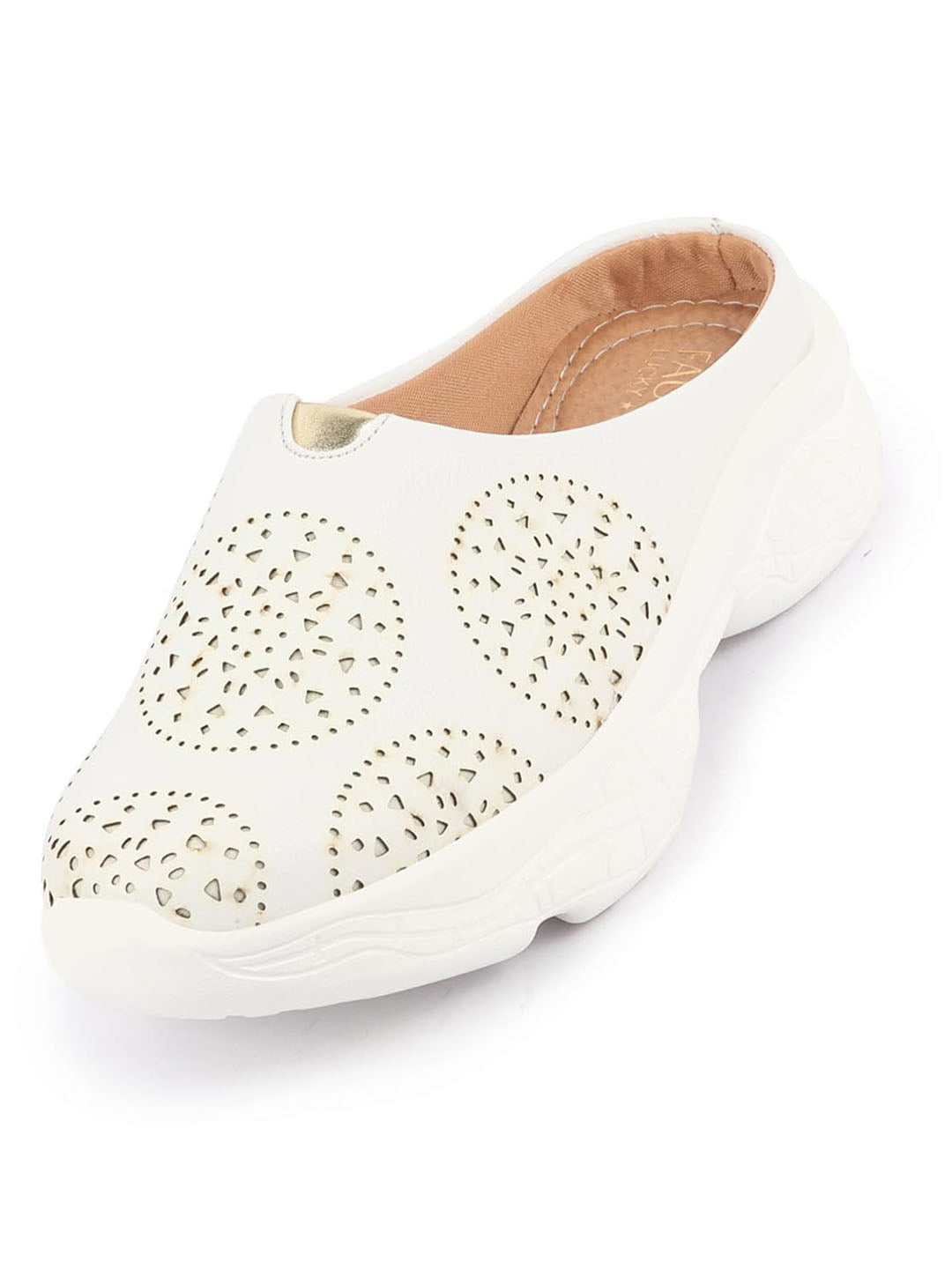 Shop Women White Laser Cut Design Back Open Slip On Mules Shoes Online.