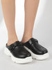 Women Black Laser Cut Floral Hook and Loop Back Open Slip On Mules Shoes