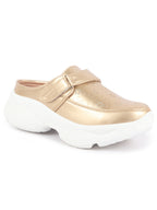 Women Golden Laser Cut Floral Design Hook and Loop Back Open Slip On Mules Shoes
