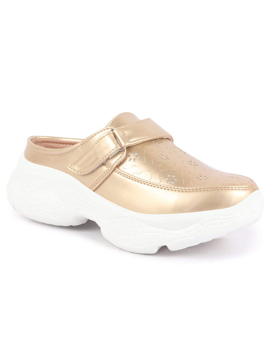 Women Golden Laser Cut Floral Design Hook and Loop Back Open Slip On Mules Shoes