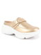 Women Golden Laser Cut Floral Design Hook and Loop Back Open Slip On Mules Shoes