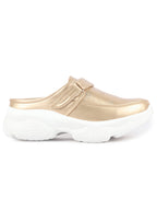 Women Golden Laser Cut Floral Design Hook and Loop Back Open Slip On Mules Shoes