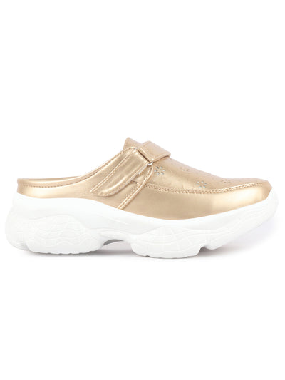 Women Golden Laser Cut Floral Design Hook and Loop Back Open Slip On Mules Shoes