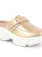 Women Golden Laser Cut Floral Design Hook and Loop Back Open Slip On Mules Shoes