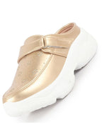 Women Golden Laser Cut Floral Design Hook and Loop Back Open Slip On Mules Shoes