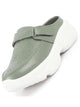 Women Green Laser Cut Floral Hook and Loop Back Open Slip On Mules Shoes