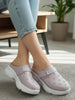 Women Lavender Laser Cut Floral Hook and Loop Back Open Slip On Mules Shoes