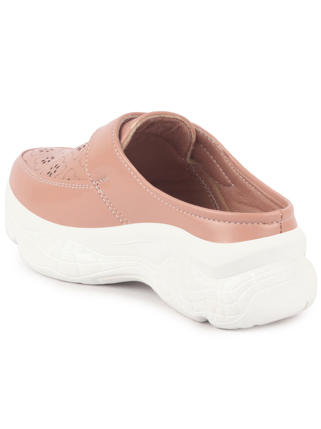 Women Peach Laser Cut Floral Design Hook and Loop Back Open Slip On Mules Shoes
