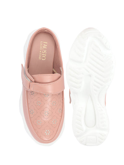 Women Peach Laser Cut Floral Design Hook and Loop Back Open Slip On Mules Shoes
