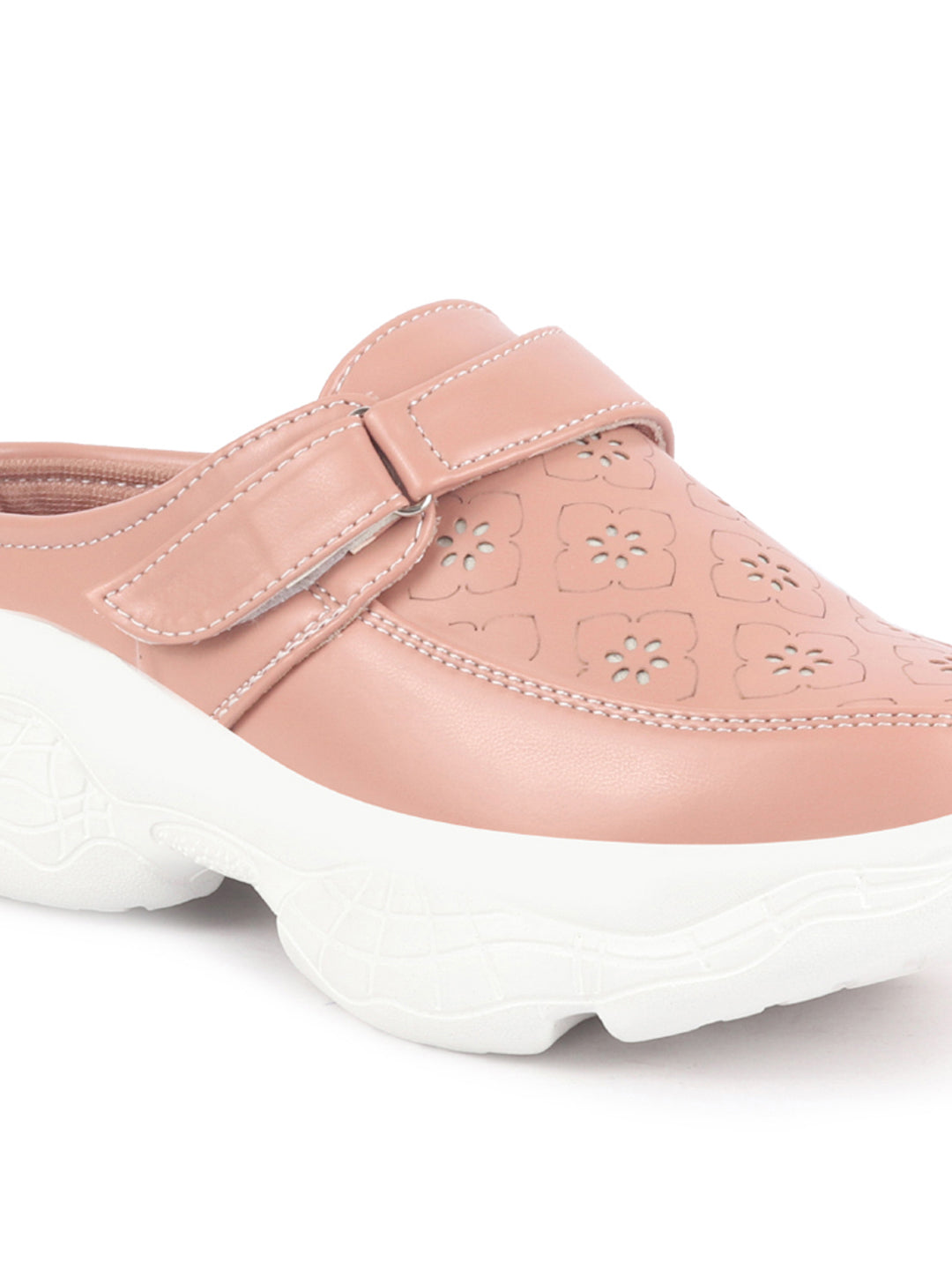 Women Peach Laser Cut Floral Design Hook and Loop Back Open Slip On Mules Shoes