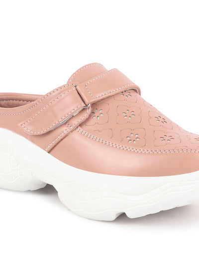 Women Peach Laser Cut Floral Design Hook and Loop Back Open Slip On Mules Shoes