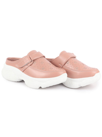 Women Peach Laser Cut Floral Design Hook and Loop Back Open Slip On Mules Shoes