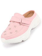 Shop Women Pink Laser Cut Floral Design Hook and Loop Back Open Slip On Mules Shoes Online.