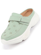 Shop Women Pista Green Laser Cut Floral Design Hook and Loop Back Open Slip On Mules Shoes Online.