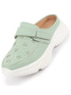 Women Pista Green Laser Cut Floral Design Hook and Loop Back Open Slip On Mules Shoes