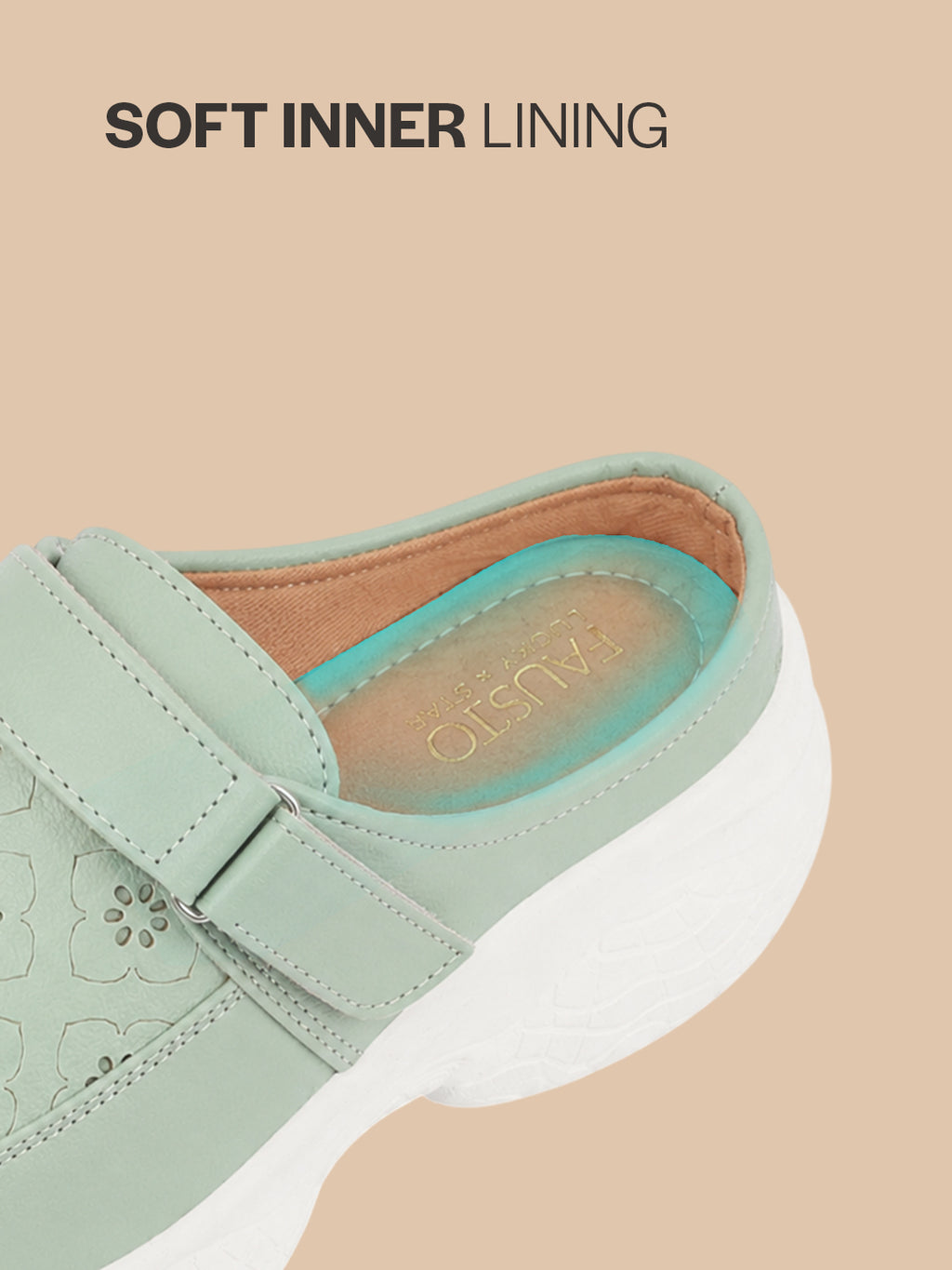 Women Pista Green Laser Cut Floral Design Hook and Loop Back Open Slip On Mules Shoes