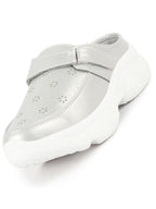 Shop Women White Laser Cut Floral Design Hook and Loop Back Open Slip On Mules Shoes Online.