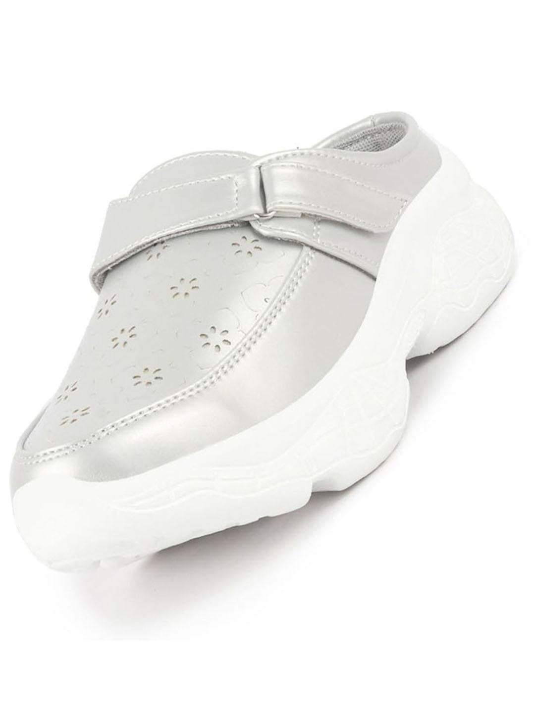 Shop Women White Laser Cut Floral Design Hook and Loop Back Open Slip On Mules Shoes Online.