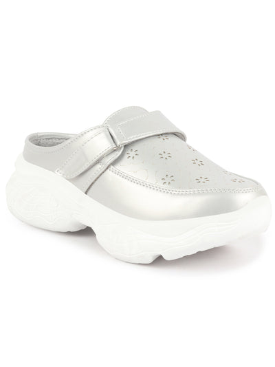 Women Silver Laser Cut Floral Design Hook and Loop Back Open Slip On Mules Shoes