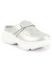 Women Silver Laser Cut Floral Design Hook and Loop Back Open Slip On Mules Shoes