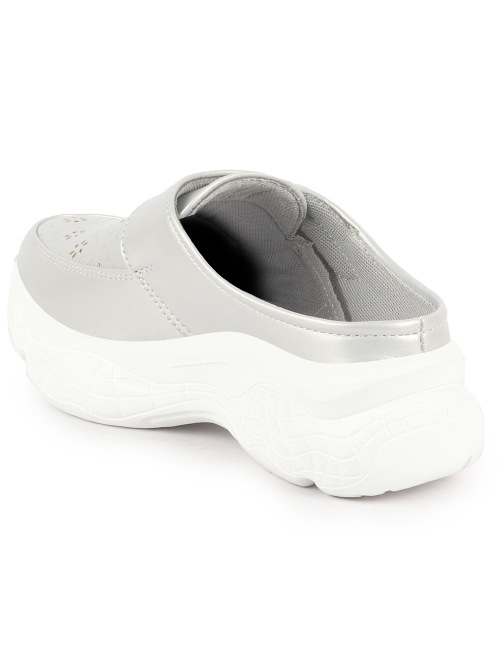 Shop Women White Laser Cut Floral Design Hook and Loop Back Open Slip On Mules Shoes Online.