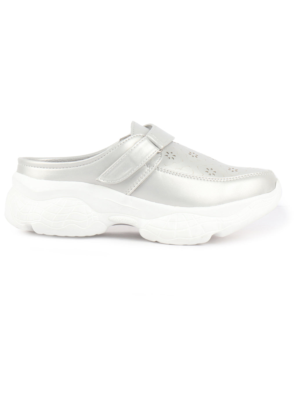 Shop Women White Laser Cut Floral Design Hook and Loop Back Open Slip On Mules Shoes Online.