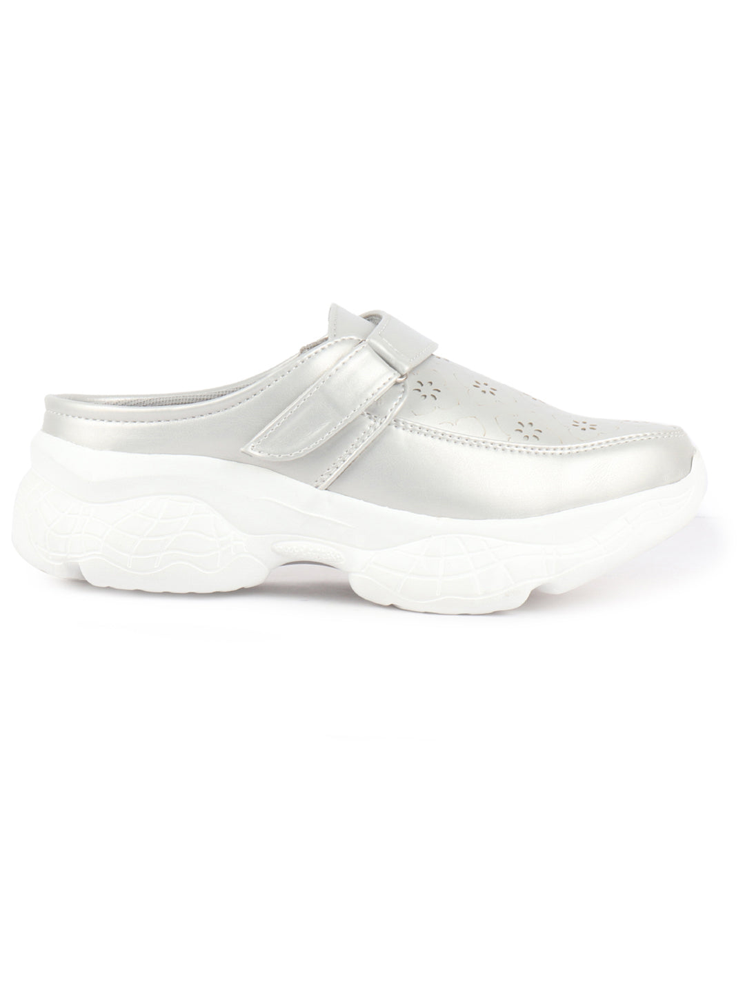 Shop Women White Laser Cut Floral Design Hook and Loop Back Open Slip On Mules Shoes Online.