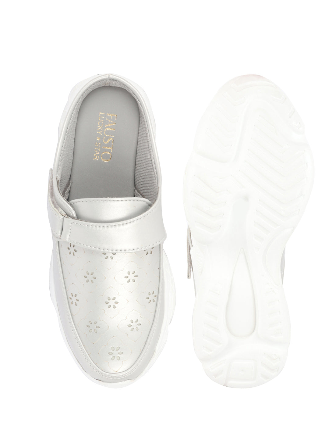 Shop Women White Laser Cut Floral Design Hook and Loop Back Open Slip On Mules Shoes Online.