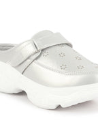 Shop Women White Laser Cut Floral Design Hook and Loop Back Open Slip On Mules Shoes Online.