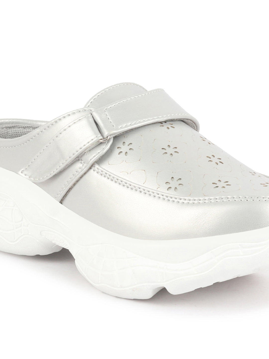 Shop Women White Laser Cut Floral Design Hook and Loop Back Open Slip On Mules Shoes Online.