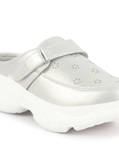 Women Silver Laser Cut Floral Design Hook and Loop Back Open Slip On Mules Shoes